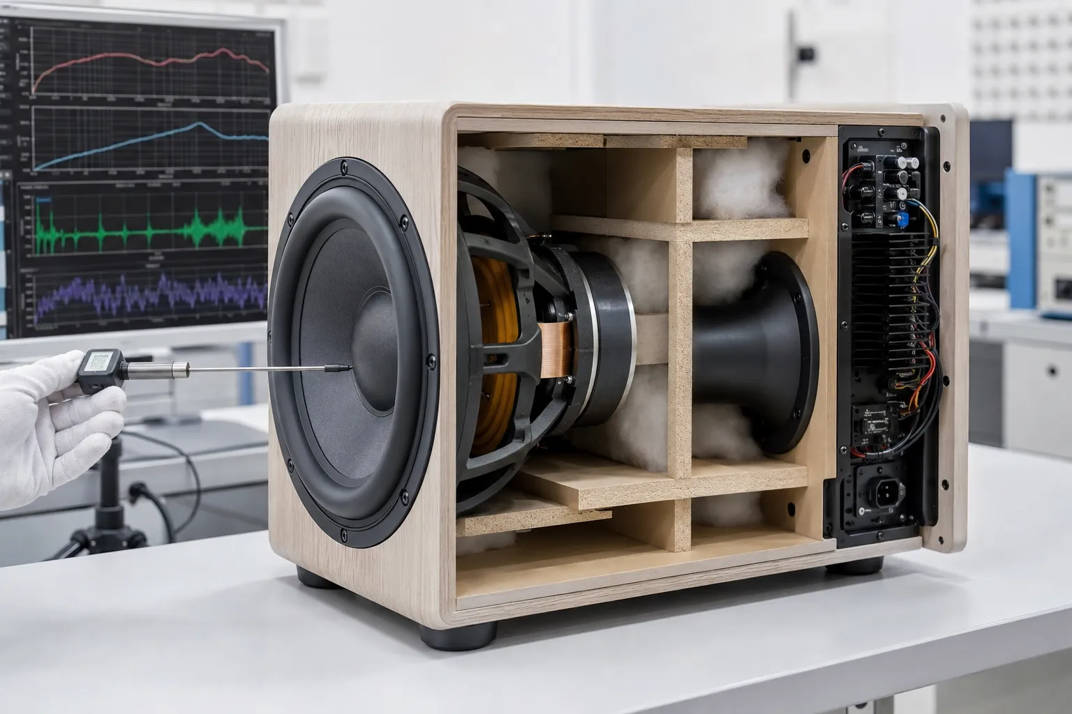 Low frequencies — greater diaphragm excursion, higher mechanical loads; must match enclosure volume, amp power, bass extension